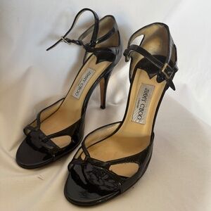 Jimmy Choo Octo Glossy Black Patent Heeled Sandals Size 38